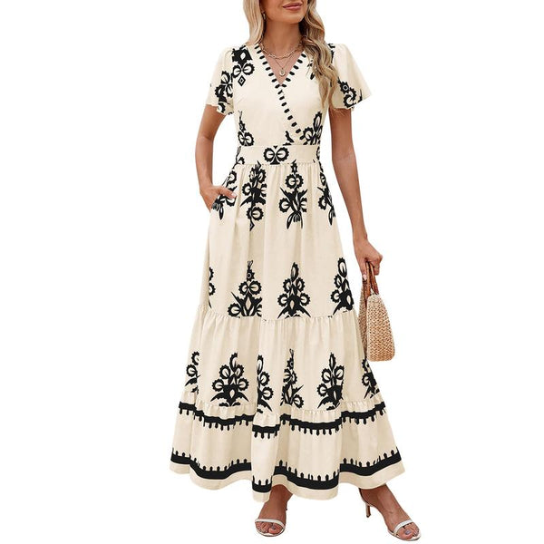 Boho Ruffle Maxi Dress with Pockets – V-Neck, Smocked Waist, and Tiered Skirt